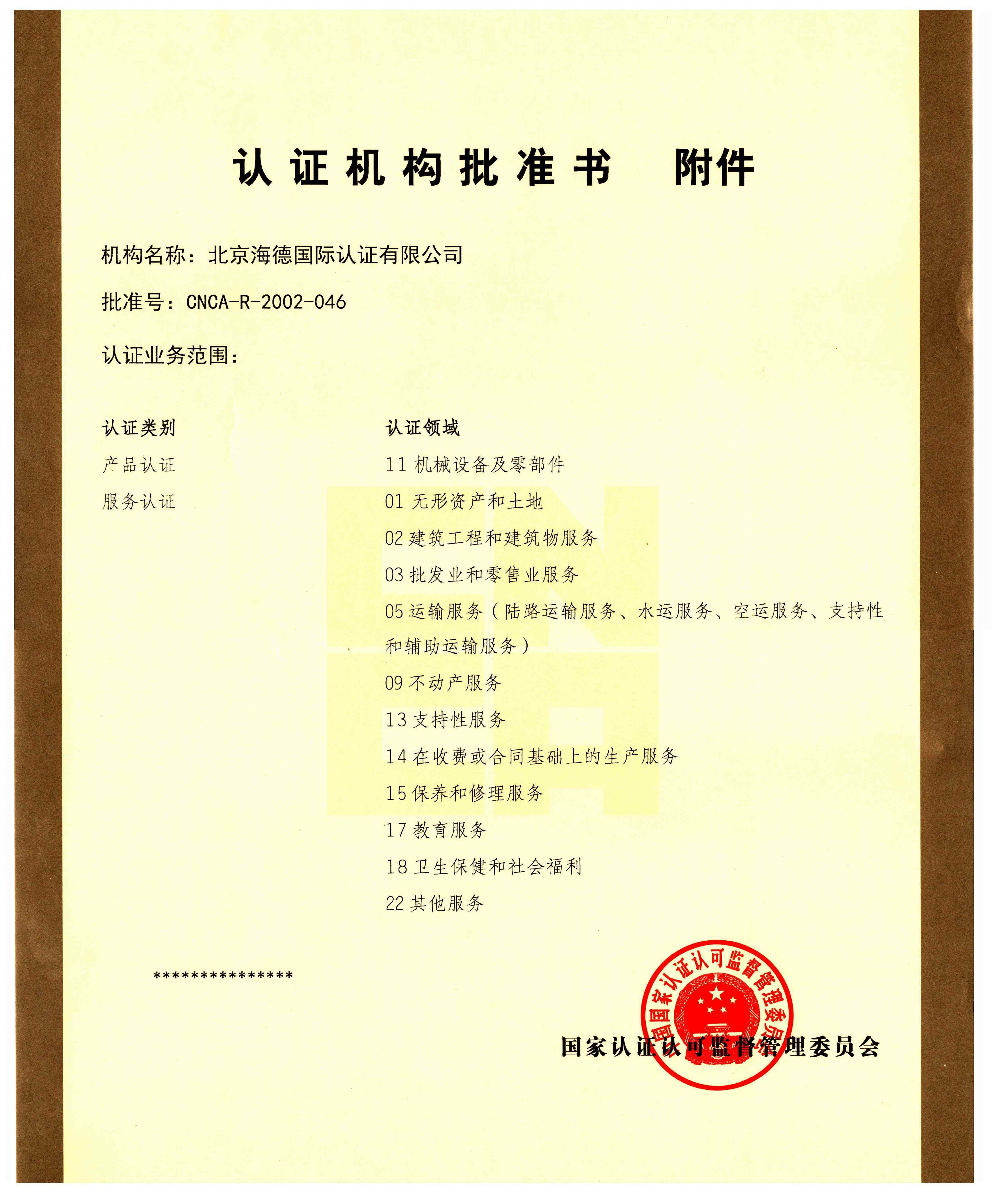 北京海德國(guó)際投資有限公司批準(zhǔn)書附件